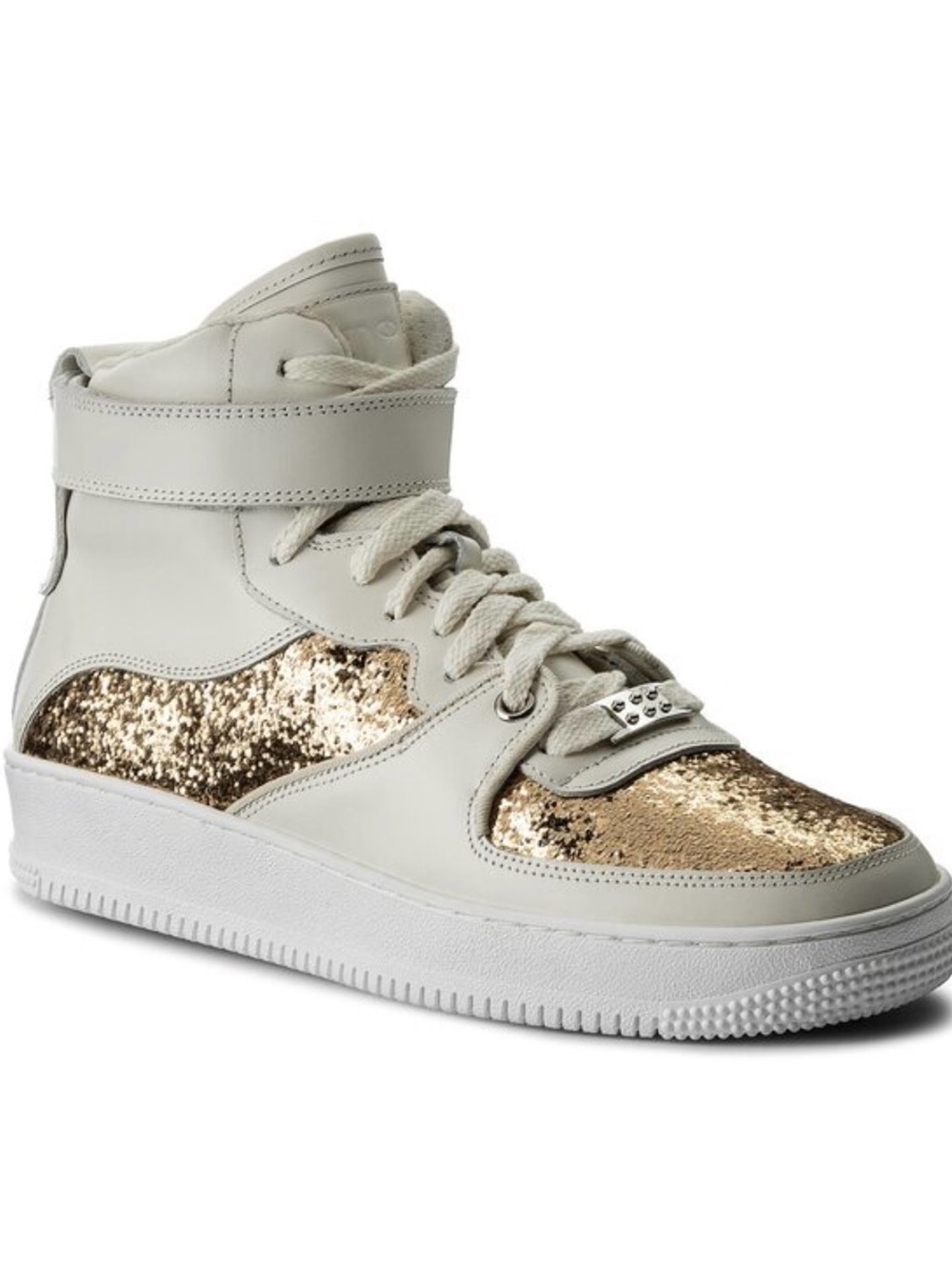 RED Valentino White High-Top Sneakers with Gold Glitter Panels. Vltn box incl.